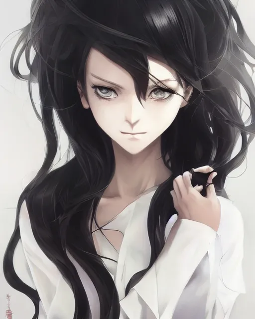 Prompt: An anime portrait of a beautiful girl with long black hair wearing a white blouse, by Stanley Artgerm Lau, WLOP, Rossdraws, James Jean, Andrei Riabovitchev, Marc Simonetti, and Sakimichan, tranding on artstation