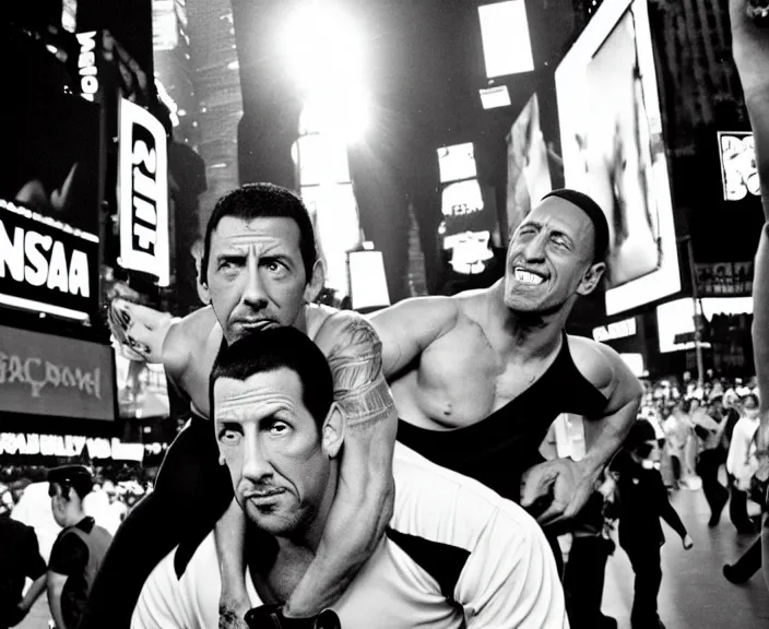 Image similar to The rock piggyback on Adam Sandler on Methamphetamine at Times Square, photograph by Alfred Eisenstaedt, 4K, dramatic lighting; 4K 8K