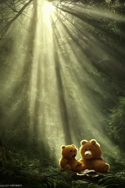 Image similar to mean fluffy teddybear protecting girl in a forest with rays of light coming through the canopy, masterpiece, dystopian, sci-fi, extremely detailed, digital painting, sculpted in zbrush, artstation, concept art, smooth, sharp focus, illustration, chiaroscuro lighting, golden ratio, incredible art, artgerm, greg rutkowski, alphonse mucha, simon stalenhag, carravaggio