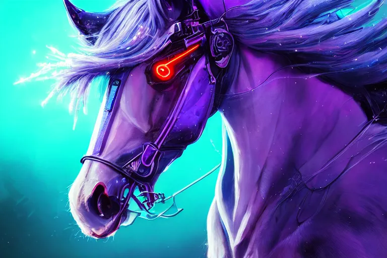 Image similar to a beautiful portrait of a cute cyberpunk horse with bioluminescent mane by sandra chevrier and greg rutkowski and wlop, purple blue color scheme, vaporware, retro, outrun, high key lighting, volumetric light, digital art, highly detailed, fine detail, intricate, ornate, complex, octane render, unreal engine, photorealistic