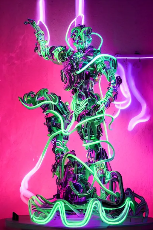 Image similar to full-body neon porcelain baroque cyberpunk style sculpture of a muscular handsome prince as a high-fashion half-robot wearing retro shades with a porcelain body, corrupted battery, leaking glowing neon radioactive liquid, electric sparks, glowing violet laser beam eyes, crown of giant crt monitors, flowing pink and orange neon-colored glitched silk, luminescent fabrics, mechanical raptors. baroque and steampunk elements. full-length view. baroque element. intricate artwork by caravaggio. Very very very very highly detailed epic photo of face. Trending on artstation, octane render, cinematic lighting from the right, hyper realism, octane render, 8k, depth of field, 3D