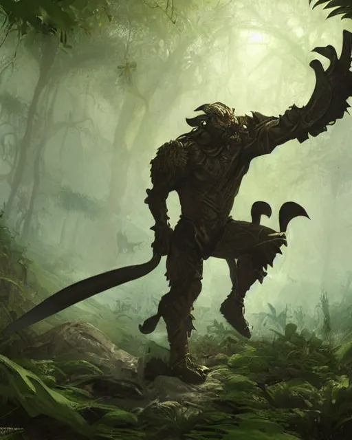 Image similar to Panther warrior in armor sneaking in jungle, portrait, magic the gathering artwork, D&D, fantasy, cinematic lighting, centered, symmetrical, highly detailed, digital painting, artstation, concept art, smooth, sharp focus, illustration, volumetric lighting, epic Composition, 8k, art by Akihiko Yoshida and Greg Rutkowski and Craig Mullins, oil painting, cgsociety