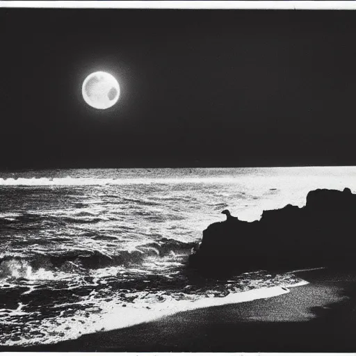 Prompt: night terror, black and white, found photo, dark, night, full moon over ocean