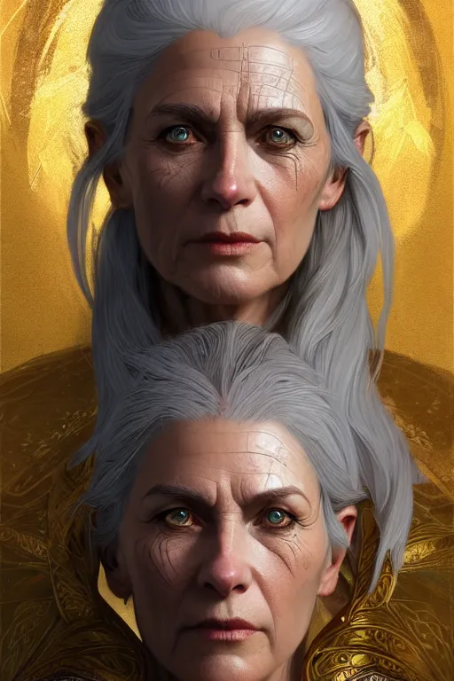 Image similar to portrait of a middle aged grey haired woman in the style of god of war, golden machine parts, intricate, elegant, highly detailed, digital painting, artstation, concept art, smooth, sharp focus, illustration, art by artgerm and greg rutkowski and alphonse mucha, 8 k