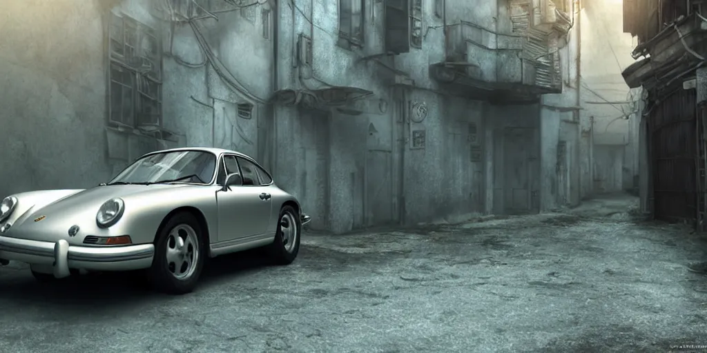 Image similar to a wholesome animation key shot of a focused old silver Porsche car parked in an abandoned alleyway, medium shot, waist up, studio Ghibli, Pixar and Disney animation, sharp, very detailed, high resolution, Rendered in Unreal Engine 5, anime key art by Greg Rutkowski, Bloom, dramatic lighting