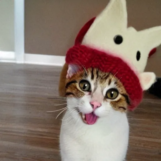 Image similar to cute cat photo licking tongue, wearing wool hat, cat ears