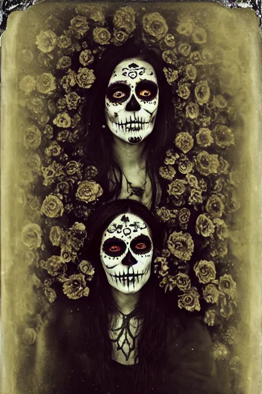 Image similar to tintype, saint teresa in dia de muertos dress and make up, horrific beautiful vibe, evocative, atmospheric lighting, painted, intricate, highly detailed, leesha hannigan, wayne haag, reyna rochin, ignacio fernandez rios, mark ryden, iris van herpen, stunning, gorgeous, sharp focus, cinematic, masterpiece