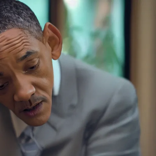 Image similar to a cinematic film still of Will Smith starring as Barack Obama, portrait, 40mm lens, shallow depth of field, close up, split lighting, cinematic