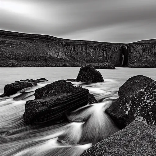 Image similar to minimalist black and white photograph of an icelandic gorge, time exposure, of a river, sharp tall pillars, sharp rocks,