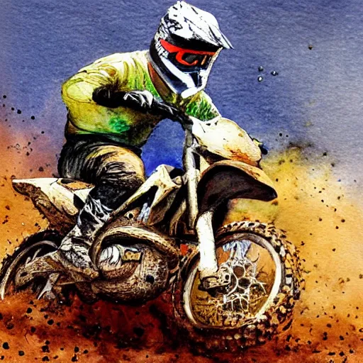 Prompt: dirt bike off - road motorcycle crash face ground dirt in water color painting style