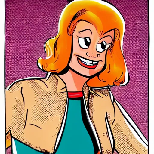 Prompt: dan decarlo art style, comic character, kind, friendly, orange hair, round face, freckles, smiling, betty cooper, art by dan decarlo