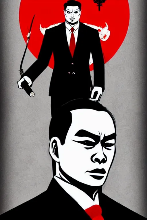 Image similar to chinnese mafia, with black suit and red tissue, some of leader have dragon tatto. digital art, concept art, pop art, bioshock art style, accurate, detailed, gta chinatown art style, cuphead art style, dynamic, face features, body features, ultra realistic, smooth, sharp focus, art by richard hamilton and mimmo rottela