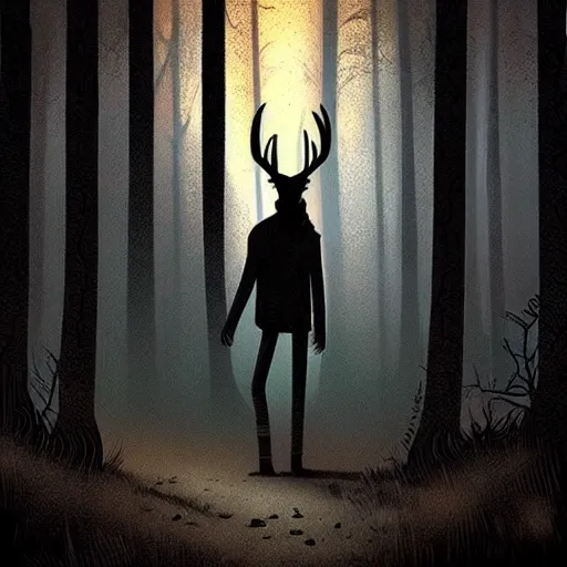 Prompt: Rafeal Albuquerque comic art, Emma Rios comic, Wendigo monster with deer skull face, antlers, furry brown body, tall and lanky skinny, walking through the forest, very dark night time, deep black, ominous lighting, spooky, scary, foggy, fog