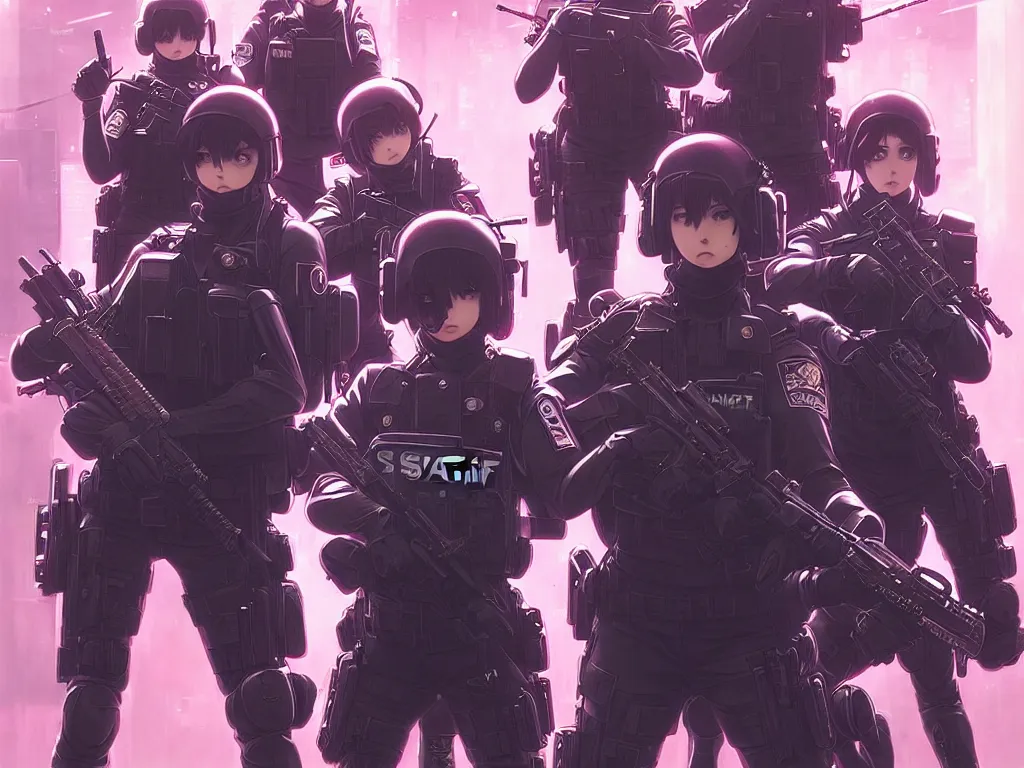 Image similar to anime key visual of a team of multiple female swat officer ready to attack, neon, cyberpunk, futuristic, stunning, highly detailed, digital painting, smooth, soft focus, illustration, movie poster, japanese typography, digital art from artstation by artgerm and greg rutkowski and alphonse mucha