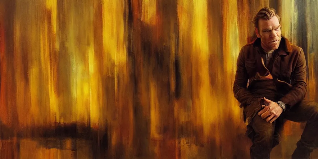 Image similar to we see ewan mcgregor from side. atmospheric feeling, warm colours, brown colours, yellow colours, epic scene, cinematic, very detailed, oil painting