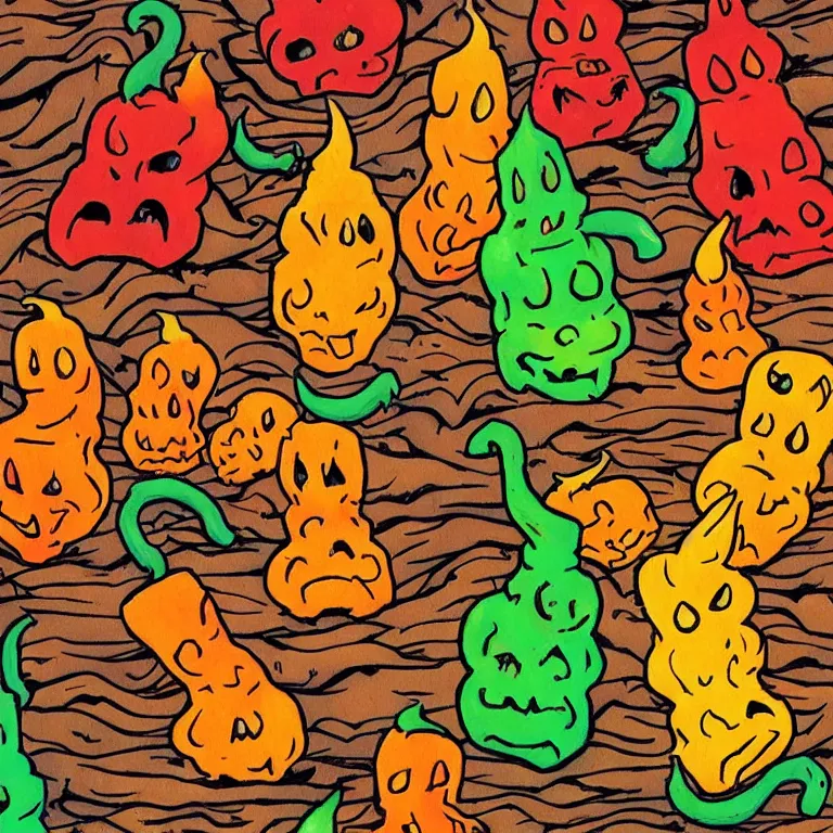 Prompt: “ ghost peppers stacked up in the style of the art of hylics ”