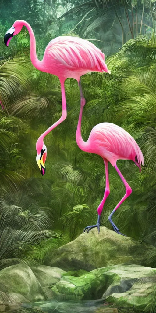 Prompt: a pink flamingo hiding in a complex lush jurassic landscape, hyper realistic art, 4 k, hyper realistic, coherent design, symmetrical, vivid colour, trending on art station, in the style of pi - slices, complementary colour, golden ratio, detailed, sharp lines, intricate, rainbow shift, in unreal 3 d engine, ray tracing, octane render