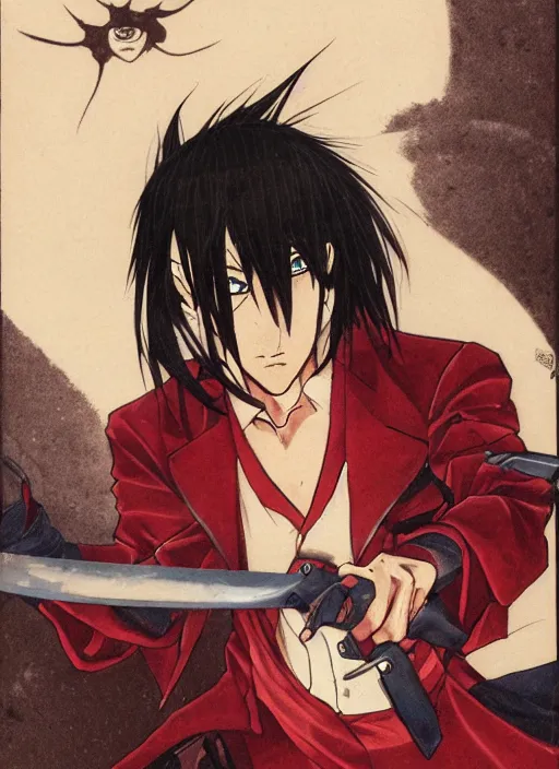 Prompt: character portrait by tatsuki fujimoto of a handsome male vampire wielding a chainsword, long black hair, glowing red eyes, light brown coat