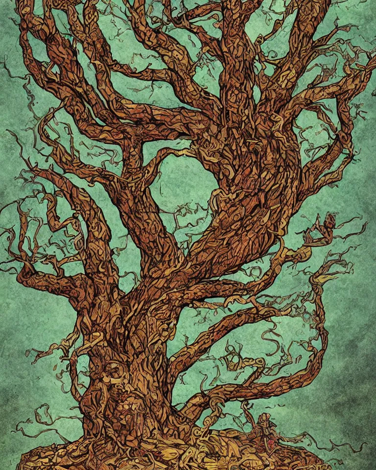 Prompt: Book cover artwork representing the Yggdrasil, a mythical Norse tree made by agonizing human beings crawling on top of each.