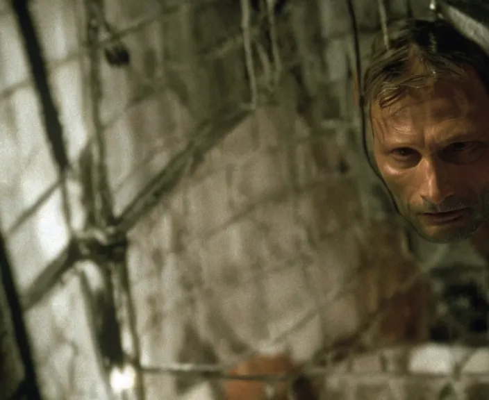 Image similar to a still of mads mikkelsen in the silence of the lambs ( 1 9 9 1 ), 4 k, hi - res