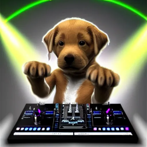 Prompt: puppy as a DJ, 8k, volumetric lighting, hyper realistic