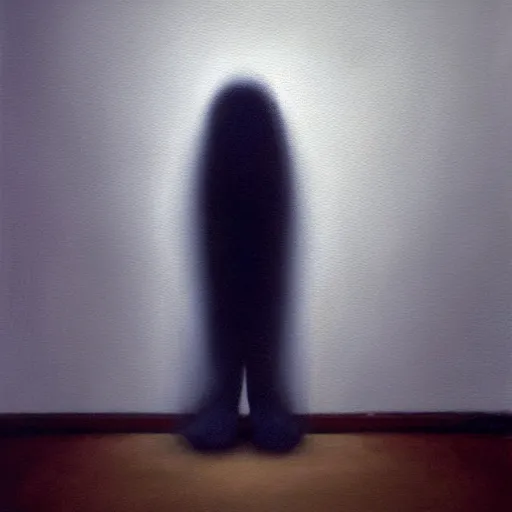 Prompt: a hyper realistic oil painting of a ghost standing at a corner being caught on the camera the ghost is looking at the camera while rising her foot 3 d