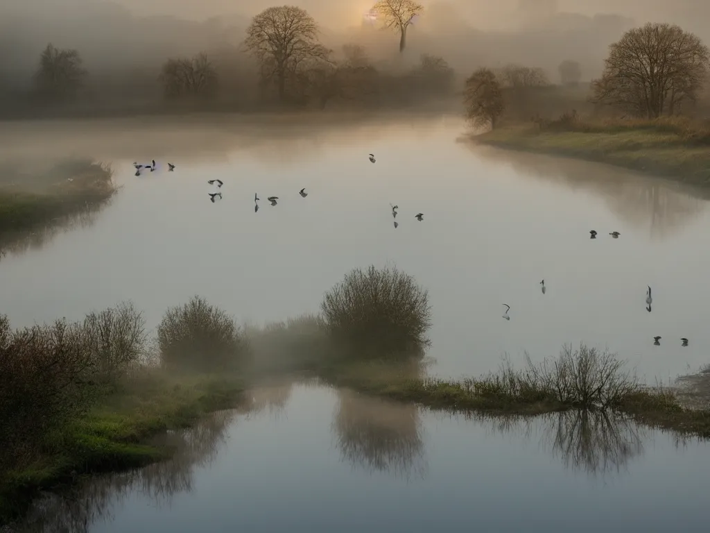 Image similar to A landscape photo taken by Kai Hornung of a river at dawn, misty, early morning sunlight, cold, chilly, two swans swim by, rural, English countryside