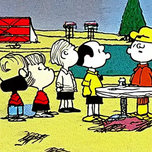 Prompt: charlie brown at a music festival. By charles Schulz