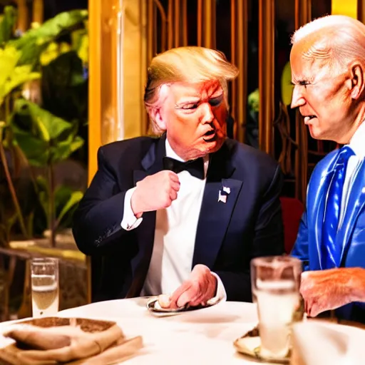 Image similar to donald Trump and joe Biden having dinner at a fancy Balinese restaurant, award winning photography, 85mm, perfect faces