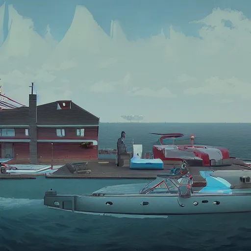 Image similar to yachting club by simon stalenhag