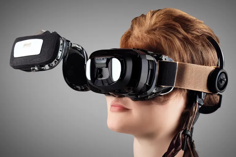 Image similar to a high quality product photography photoshoot of steampunk holowave virtual reality goggles