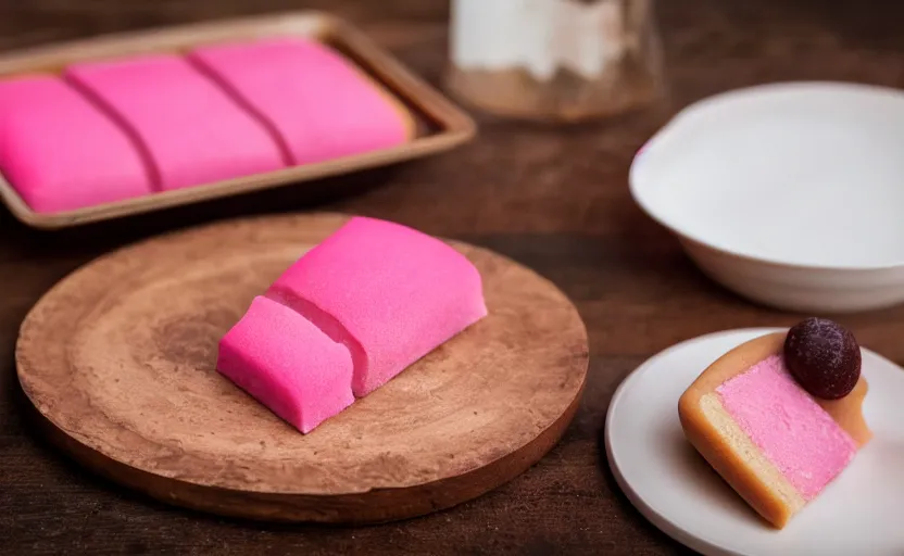 Prompt: A photo of a swedish cake from the side on a wooden table, covered with pink marzipan, some powder sugar and a marzipan leaf. Sunset. 4K. Cinematic lighting. High detail. Realistic. Delicious.