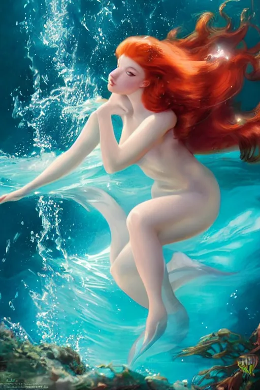 Image similar to sophie turner as the little mermaid underwater by Gil Elvgren Stanley Artgerm Lau, WLOP, James Jean, Andrei Riabovitchev, Marc Simonetti, Yoshitaka Amano, ArtStation, CGSociety, hair floating covering chest, bubbles vfx, cinematic lighting, god ray, starlit shining eyes