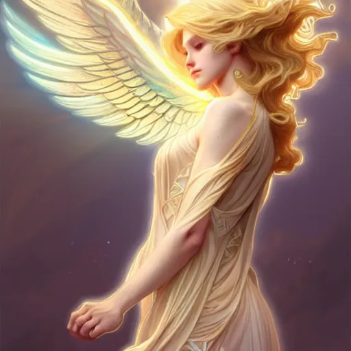 Image similar to Winged girl angel with blonde hair and glowing halo, iridescent, seraphim, fantasy, intricate, elegant, highly detailed, digital painting, artstation, concept art, smooth, sharp focus, illustration, art by Krenz Cushart and Wenqing Yan and alphonse mucha