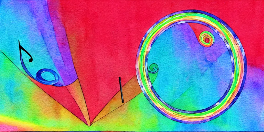 Image similar to musical notes in a prism rainbow, a curvy staff of musical notation flowing out of a prism rainbow. comic book watercolor, in the style of Pink Floyd Dark Side of the Moon
