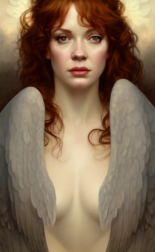 Prompt: a portrait of an angel christina hendricks, concept art, deep focus, sky, heaven, clouds, intricate, highly detailed, digital painting, artstation, matte, sharp focus, illustration, art by greg rutkowski and alphonse mucha