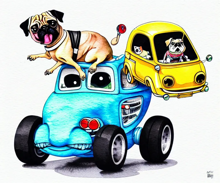 Image similar to cute and funny, pug riding in a tiny hot rod with oversized engine, ratfink style by ed roth, centered award winning watercolor pen illustration, isometric illustration by chihiro iwasaki, edited by range murata, tiny details by watercolor girl, symmetrically isometrically centered