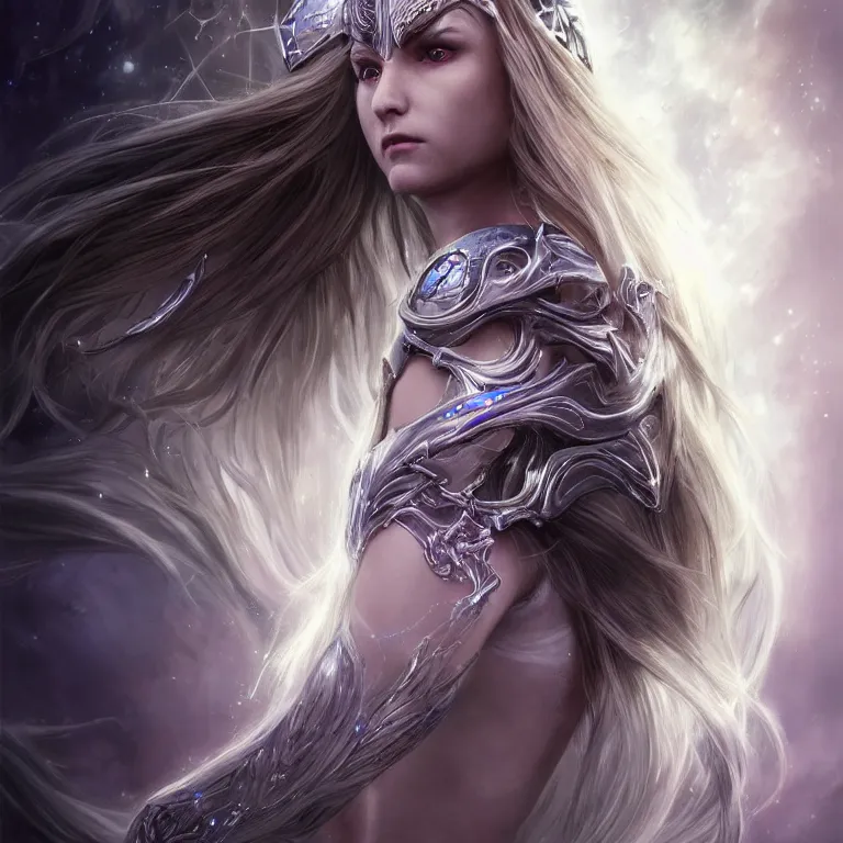 Image similar to beautiful cinematic fantasy poster, sci-fi, semi-transparent, candy gumdrop head with brilliant silver flowing hair and a brilliant jeweled silver helm, beautiful white glowing eyes, wideshot ultrawide angle epic scale, hybrid from The Elden Ring and art direction by Darius Zawadzki ;by artgerm; wayne reynolds art station; cinematic quality character render; low angle; ultra high quality model; production quality cinema model;