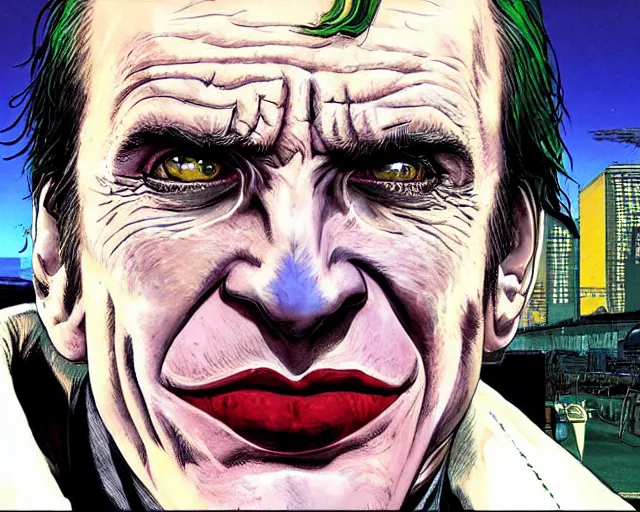 Image similar to portrait of saul goodman as the joker, gta loading screen, art by makoto shinkai and peter elson, bernie wrightson