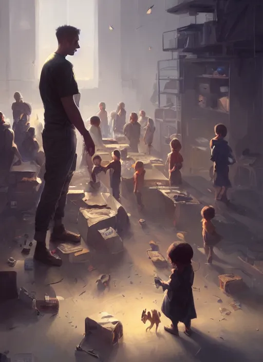 Prompt: epic employee with so many kids in front of computer. highly detailed, digital painting, concept art, smooth, sharp focus, illustration, art by greg rutkowski