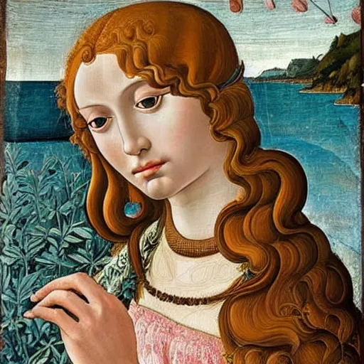 Image similar to an ultradetailed mythological oil painting of a beautiful woman with long brown hair, full body, wearing pink floral chiton, lying within a giant scallop shell, near the seashore, intricate lines, elegant, renaissance style, by sandro botticelli