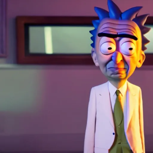 Image similar to mr. bean as rick sanchez from rick n morty. movie still. cinematic lighting.