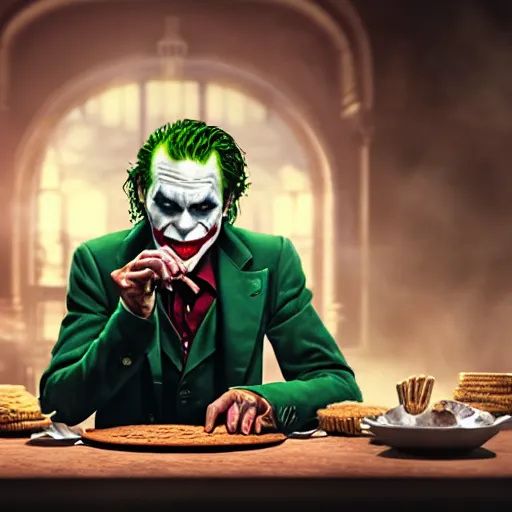 Image similar to cinematic shot of the joker sitting at a table in front of a plate of baking powder biscuits, 8 k, very detailed, very intricate,