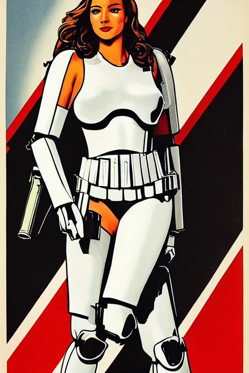 Prompt: propaganda poster of a full body portrait of a sexy stormtrooper in white bikini by geoff johns, sexy pose