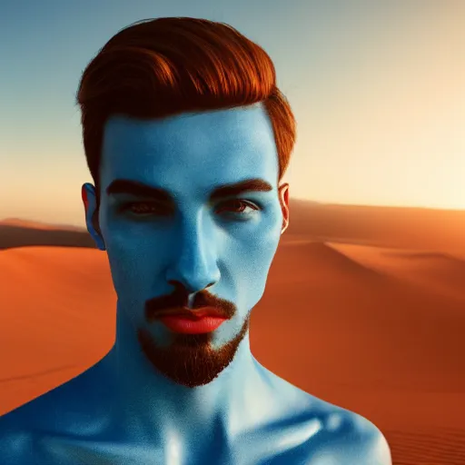 Image similar to man in blue, avant-garde art, deco fashion, highly detailed, photorealistic upper body portrait, serene desert setting, bright sun light, crisp quality and light reflections, unreal engine 5 quality render