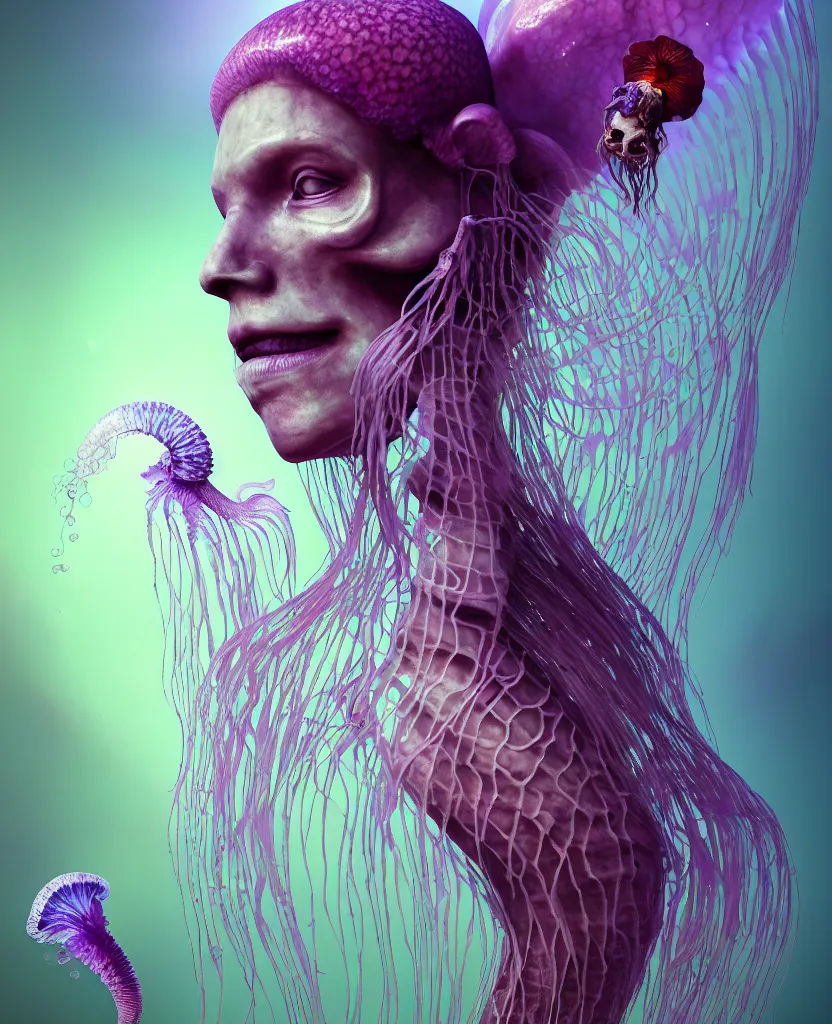 Image similar to goddess close - up portrait human skeleton, ram skull, jellyfish, orchid, betta fish, bioluminiscent, intricate artwork by tooth wu and wlop and beeple. octane render, trending on artstation, greg rutkowski very coherent symmetrical artwork. cinematic, hyper realism, high detail, octane render, 8 k