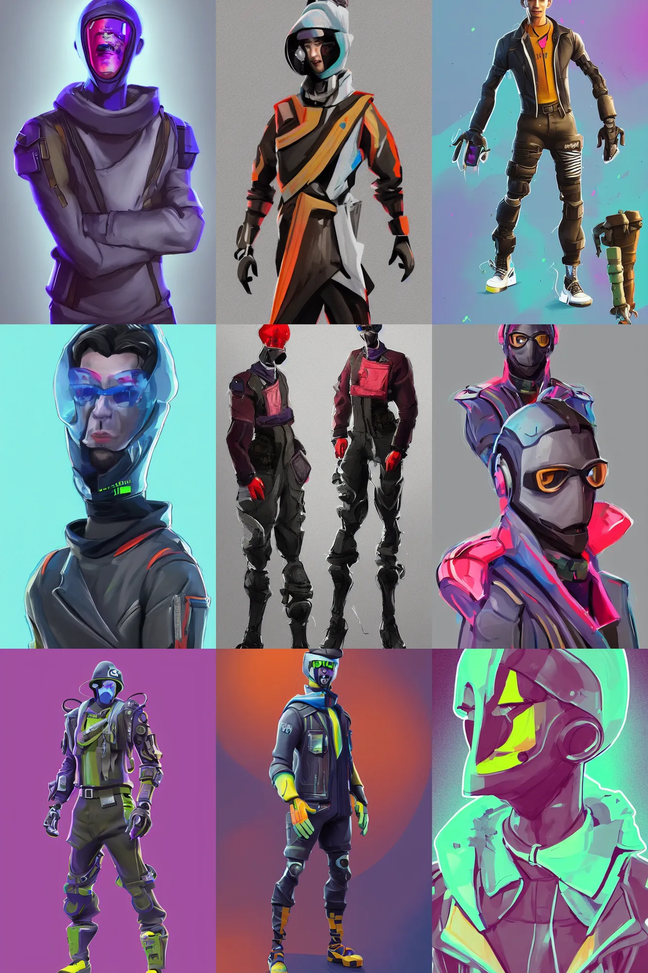 Prompt: a full body concept art portrait digital illustration of a single man dressed in futuristic 90s street clothing with face and body clearly visible by Renaud Galand Chris Gillet and Tim Guo, fortnite, valorant, artstation trending, high quality, happy mood, artstation trending, vibrant colours, no crop, no helmet, entire character, blank background, SFW,