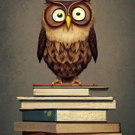 Image similar to long shot of a very cute plushy owl with closed eyes sitting on a pile of antique books, by esao andrews, by james jean, humorous illustration, hyperrealistic, big depth of field, fresh colors, dim light, 3 d octane render conceptart, 4 k, hyperdetailed, trending on artstation