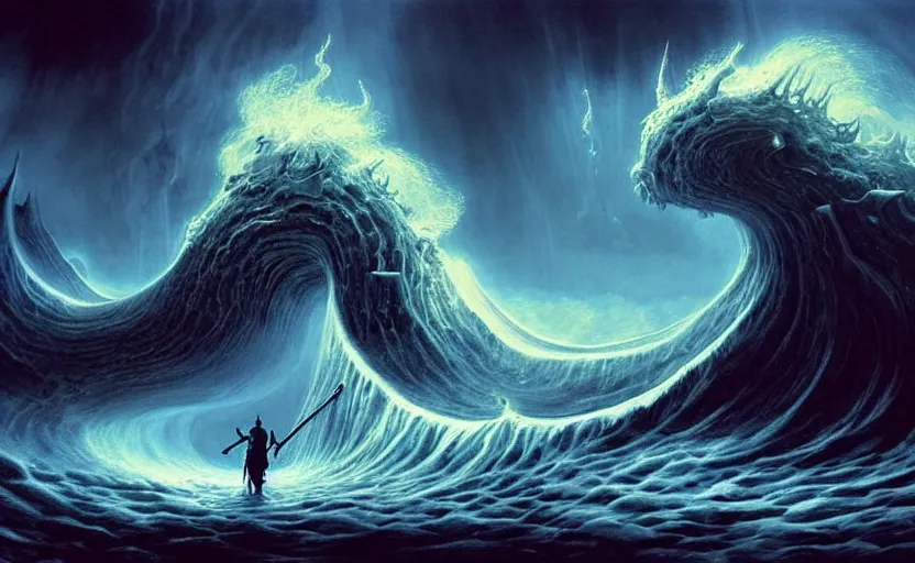 Image similar to beautiful digital fantasy illustration of a demon holding a staff!!, hellish background, a giant wave in the sky, apocalypse art!!!!, apocalypse landscape!!!!!, lovecraftian!!, cosmic horror!!!, concept art by Jarosław Jaśnikowski, a detailed matte painting by Dan Luvisi, cgsociety, fantasy art, highly detailed, soft lighting, rendered in octane, masterpiece, very very very aesthetic