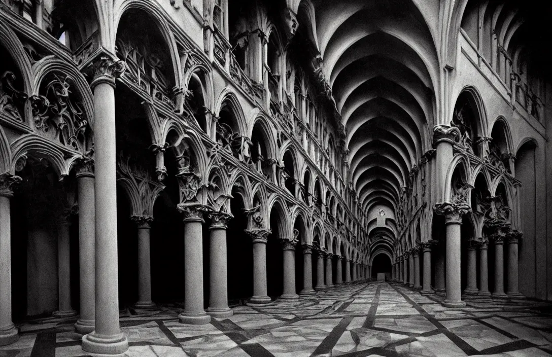 Prompt: cloister quadrangle vertiginous intact flawless ambrotype from 4 k criterion collection remastered cinematography gory horror film, ominous lighting, evil theme wow photo realistic postprocessing sinister knights reversible literal illusion photograph by ansel adams